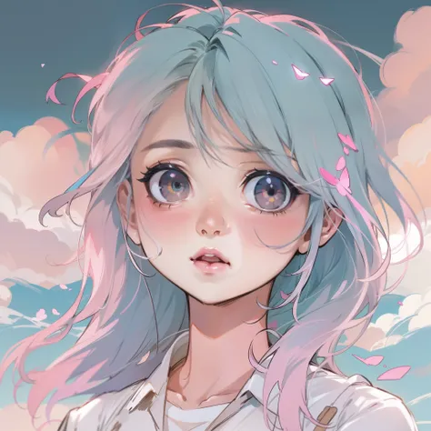 Movie Angle,high qulity,a little lovely kid girl，redish pink lips，Wearing a bright white shirt，Under the blue sky and white clouds，Pastel palette aurora punk style，Anime illustration of her face，Animated GIFs，hand-drawn animation，Captivating sketch，Smooth ...