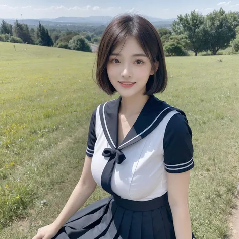 ((layered haircuts、Colossal tits:1.2)),（8K，highest  quality），full body shot shot，Watching from a distance，Distant shots，hilltop，scenic view，There are flowers，Sweet girl，Sailor suit pleated skirt，Full body photography:1.9，pupils， Android， adolable， ssmile， ...