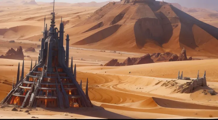 Naked alien vampires on desert dune planet with gigantic fortress and massive ancient alien structures thousands of ft wide and Long red and blue