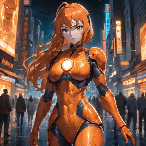 Realistic depiction of an advanced cybersuit, Woman dressed as Orange Lantern from DC Comics