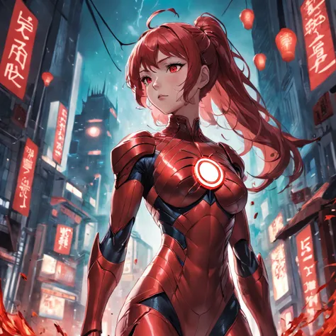 Realistic depiction of an advanced cybersuit, Woman dressed as Red Lantern from DC Comics