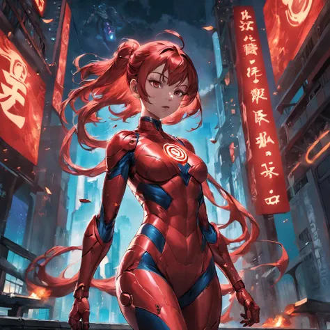 Realistic depiction of an advanced cybersuit, Woman dressed as Red Lantern from DC Comics