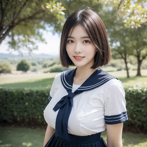 ((layered haircuts、Colossal tits:1.2)),（8K，highest  quality），full body shot shot，Watching from a distance，Distant shots，hilltop，scenic view，There are flowers，Sweet girl，Sailor suit pleated skirt，Full body photography:1.9，pupils， Android， adolable， ssmile， ...