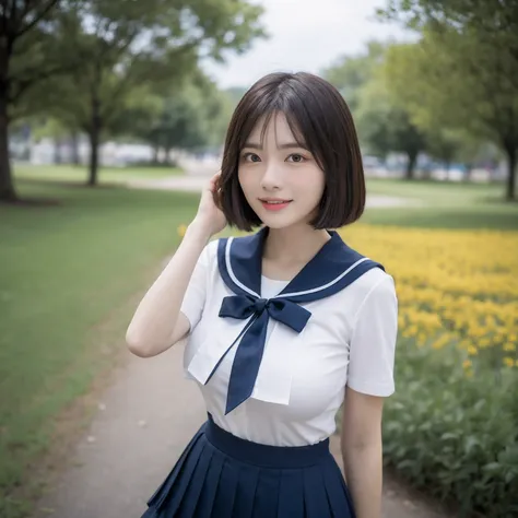 ((layered haircuts、Colossal tits:1.2)),（8K，highest  quality），full body shot shot，Watching from a distance，Distant shots，hilltop，scenic view，There are flowers，Sweet girl，Sailor suit pleated skirt，Full body photography:1.9，pupils， Android， adolable， ssmile， ...