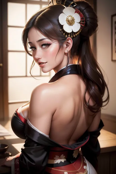 lucy pinder, portrait, back, geisha, smiling, sexy.