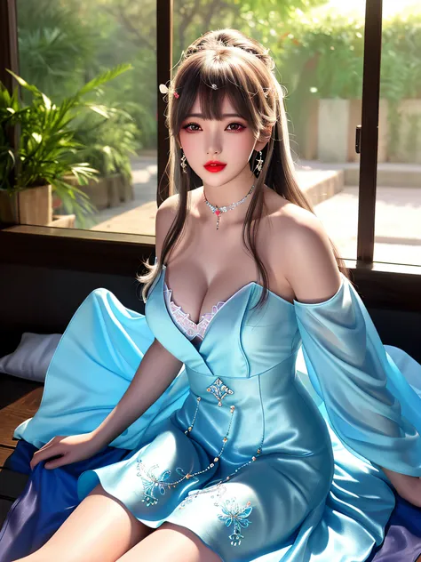 A high resolution、1girl、perfect body figure ：1.4，Clear silk porcelain light blue dress、Red bandeau(focal point),Tight underwear,Nice face、hair adornments、looking at viewert、 (cparted lips:1.5)，pastel blue dress、Luxuriously silky bright red chiffon overshin...