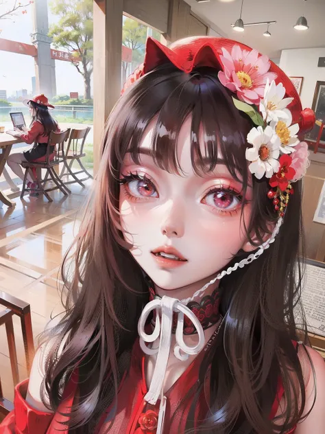 arafed woman wearing a red dress and a red hat, young cute wan asian face, wearing a cute hat, ulzzang, wearing a chocker and cute hat, sakimichan, sakimi chan, profile image, xintong chen, knitted hat, cutecore, ruan cute vtuber, profile pic, flower head