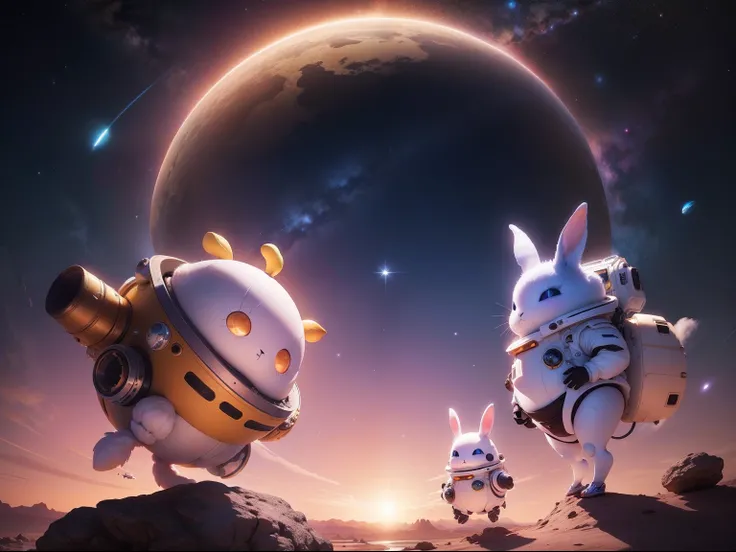 a fat fluffy white female space-bunny, lands on a desert planet, her spaceship looks like a sunflower seed, there is a faint blue Saturn-like planet in the evening sky, all the stars are out in the purple orange alien sky, strange small trees adorned with ...