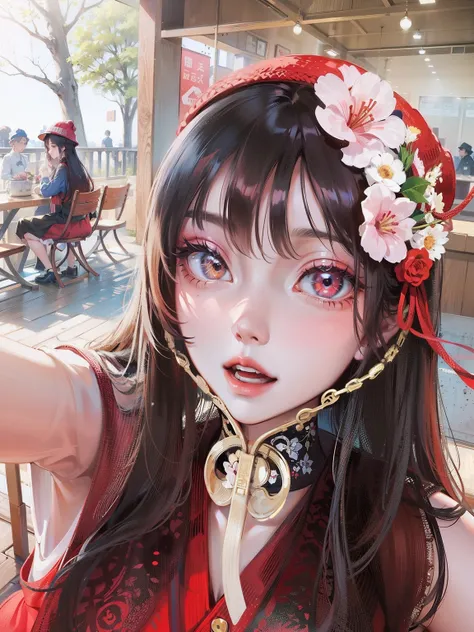 arafed woman wearing a red dress and a red hat, young cute wan asian face, wearing a cute hat, ulzzang, wearing a chocker and cute hat, sakimichan, sakimi chan, profile image, xintong chen, knitted hat, cutecore, ruan cute vtuber, profile pic, flower head