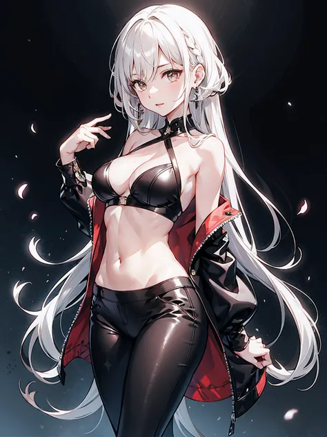 1girll, Leaning on the man, Large breasts, Solo, Black pants, White crop top, White jacket, long whitr hair, navel, red color eyes, cropped shoulders,  Side breasts, jewelry,  Earrings, Open clothes, White hair, cleavage, laughingly, cropped shoulders, 鎖骨,...