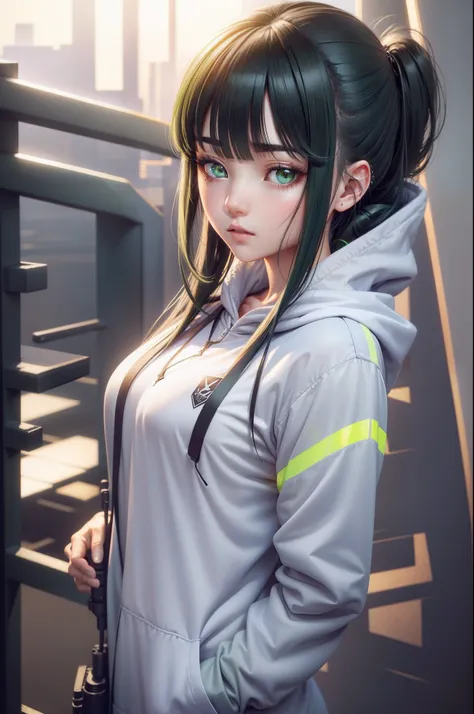 、assault rifle、Long sideburns、Beautiful anime style girl all over, clean detailed faces, Cyber,analogous colors, Glowing shadow, beautiful gradation, Depth of field, Clean image, High quality,Black hoodie outfit、 High detail, High definition, Blush, coales...