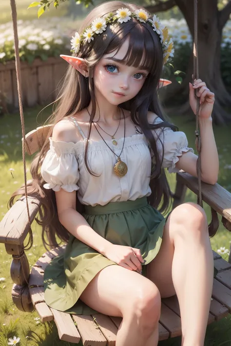 Highest image quality,whaite hair,longhairwithbangs,the elf,teens girl,Green pupils,Small breasts,There is a big tree behind it,Sit on a tree swing,Colorful butterflies fly next to it,Green meadows,Slim clothes,Long skirt style,The eyes are fixed on the da...