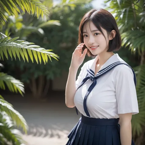 ((layered haircuts、Colossal tits:1.2)),（8K，highest  quality），full body shot shot，Watching from a distance，Distant shots，hilltop，scenic view，There are flowers，Sweet girl，Sailor suit pleated skirt，Full body photography:1.9，pupils， Android， adolable， ssmile， ...