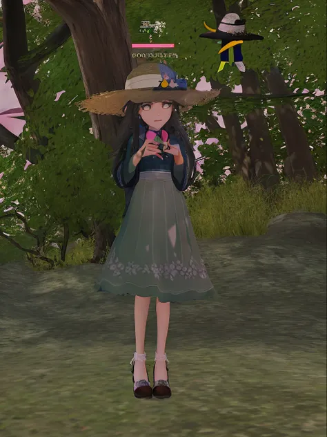 In the grass stood a girl in a dress and hat, second life avatar, spellcasting pose, inspired by Sim Sa-jeong, with straw hat, dressed with long fluent clothes, distant full body view, Standing in the forest, distant full body shot, tattered green dress, E...