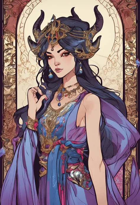 Female demon catcher in costume robes，Oriental beauty，Many pendants on the waist have excellent details，The clothing is blue-purple，heroic look