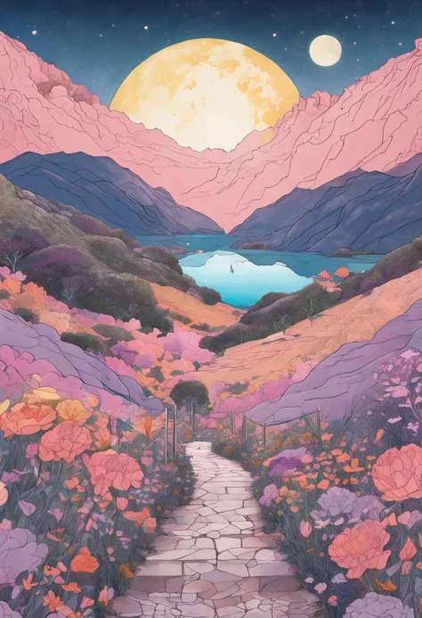 a drawing of a road through the mountains, in the style of floral surrealism, light purple and light amber, sailor moon, rough collage art, romantic moonlit seascapes, naomi okubo, photorealistic fantasies