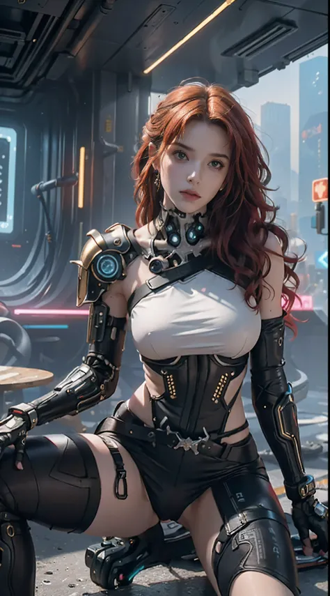 Best Quality)), ((Masterpiece)), (Very Detailed:1.3), 3D, Beautiful (Cyberpunk:1.3)), 1 girl, full body, curly red hair, big breast, slender body, slender hips, big breasts, wearing full gold((heavy cyberpunk armor)) with neon trim, (head-mounted displays)...