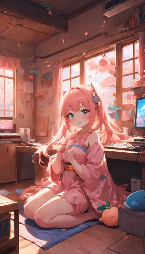 girl with、kawaii、Colorful Peach Asanhttps://twitter.com/mumu_mumu09、Smiling、looks sleepy、in a house、early morning、Before playing Micra、Computer in one hand、