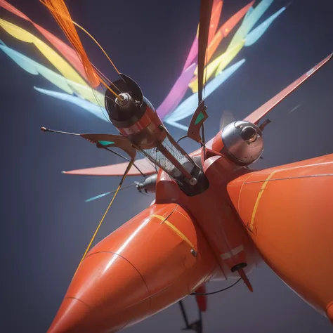 Mosquito Flying penis, wings, jet motors, long shaft with portholes, red, green, blue, yellow, orange, purple, indigo,  head, long hanging balls in a sack with hair, pubic hair