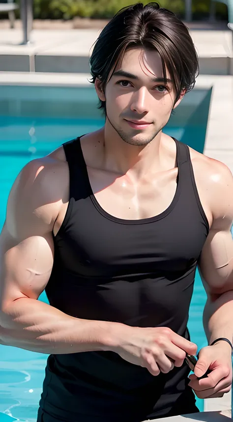 ((Men only)), (head shot), (look at viewer), (face only), (sunburned skin), (Handsome muscle man in his 30s), (Johnny Edlind), (smile), (sky blue tank top), (at the poolside), (detaile: 1 in 1), Natural muscles, HIG quality, beautidful eyes, (Detailed face...