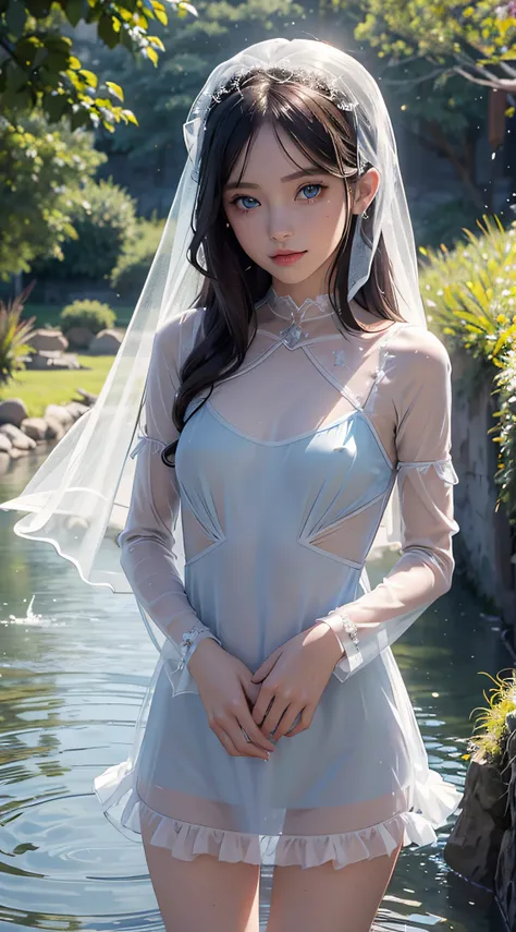 most beautiful tiny girl, perfect nose, lovely eyes, eyelashes, glossy lips, smirk, blushing, perfect eyes, blue eyes iris,(wet transparent mini dress), (mini transparent dress in veil),field,small breasts,long hair, nipples visible through clothing,pubic ...