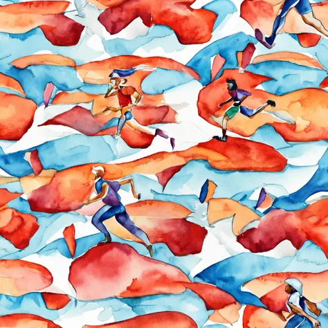 1man, socks, sneakers, red shorts, blue shirt, geometric multidimensional, art, beautiful, colorful, masterpieces, top quality, best quality, official art, beautiful and aesthetic, running, running track, track and field, bloom, track, race, asian, full bo...