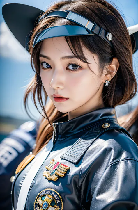 Eri Kamei, Morning Musume。, Dressed in the uniform of an Air Force pilot. The stage is a military air base with fighter jets in the background. She wears the iconic pilot jumpsuit, With badges and patches, And the pilots helmet under her arm. Her expressio...