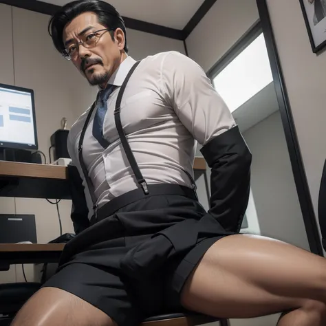 age 55，Kogoro Mouri，uncle，Tong，Bulge，Sitting in the office，Black short stockings，Suspenders，lbeard，fortitude，k hd，artwork of a，an look of enjoyment，is shy，On your stomach，wear suit，Big ass with masculine characteristics，There is a bulge in the crotch，God p...