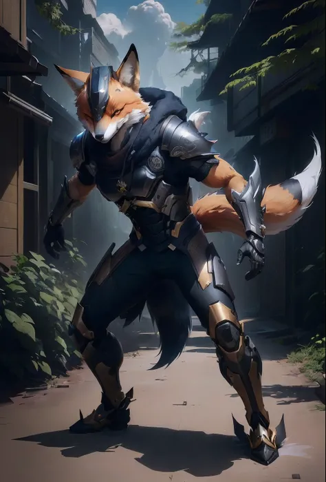 a close up of a person in a suit with a fox on his back, anthro art, an anthropomorphic cyberpunk fox, kitsune inspired armor, fox nobushi, iconic character splash art, character splash art, anthro paw pov art, as overwatch character, official splash art, ...