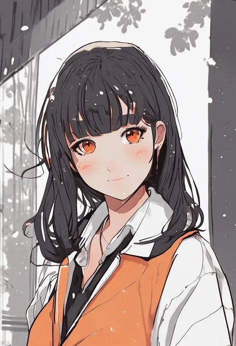 cartoon girl with black hair and white shirt with orange dots, flat anime style, anime style illustration, portrait of cute anime girl, cute art style, clean detailed anime style, retro anime girl, anime style character, in an anime style, anime style port...