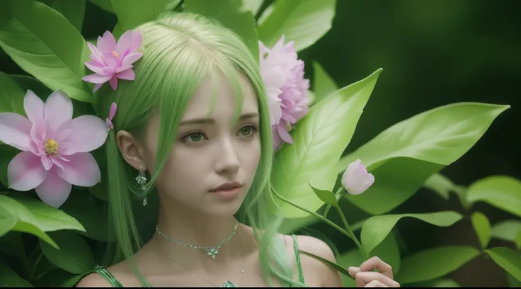 the Flower Fairy，In the woods，Glowing Clothing，crystal，choker necklace，eardrop，Green material，8K high-definition, Render the atmosphere, A detailed, ultra - detailed, 超A high resolution, (真实感:1.4), A high resolution, A detailed,，A photorealistic masterpiec...