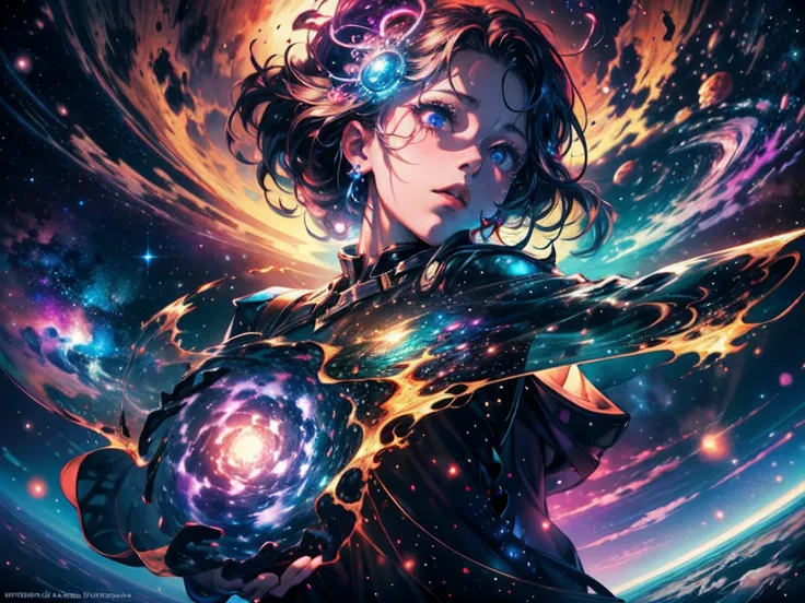 1 girl in,In the vast expanse of the cosmos, Breathtaking images unfold before your eyes. In the center of the galaxy in the starry sky, Dancing and swirling vibrant nebulae, Their ethereal colors blend together、Intertwined. The scene is a symphony of cosm...