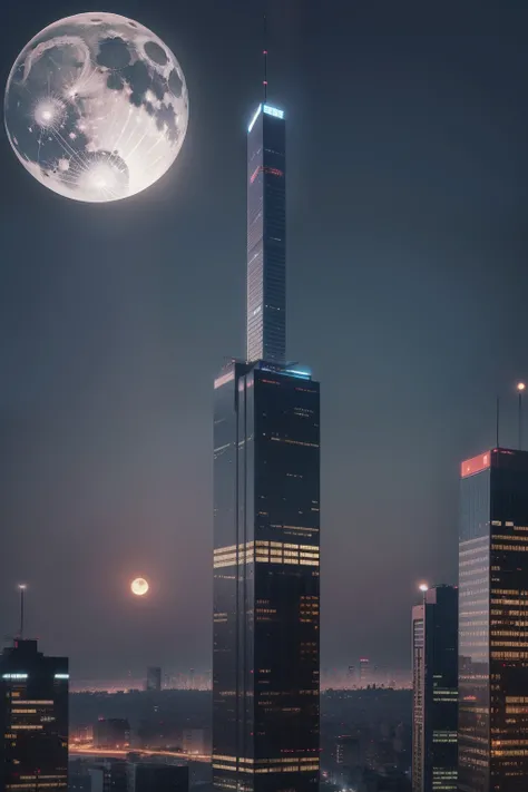 城市，nighttime scene，Close-up，Dense office buildings，There is a bright moon over the city