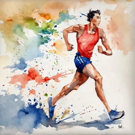 1man, socks, sneakers, red shorts, blue shirt, geometric multidimensional, art, beautiful, colorful, masterpieces, top quality, best quality, official art, beautiful and aesthetic, running, running track, track and field, bloom, track, race, asian, full bo...