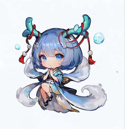 "Blue hair blue dress anime girl，onmyoji style，Finely depicted watercolor calamus，Delicate Onmyoji portrait，A character in Maple Story，Oriental characters of Baibi，Rem Rezero，official art works，Chibi scene，Author Shi Tao，Lori style water splash art anime c...