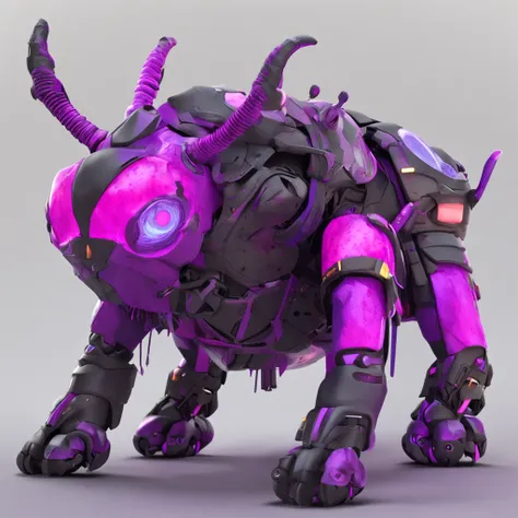 Minotaur, fur pink with super fluffy face and covered in purple insect-like armor, electrified ant antennae, violet and purple with neon green gears tail, chordophone, best quality, masterpiece, in flat design style