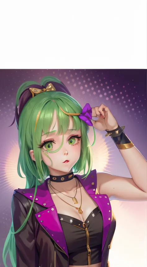 A daughter，tmasterpiece，8K, yes，RTX，Shaders，brilliant texture work，Anime girl with green hair and red jacket black vest,in an anime style, seductive anime girls, style of anime，Purple eye，pink bows，Two gold necklaces