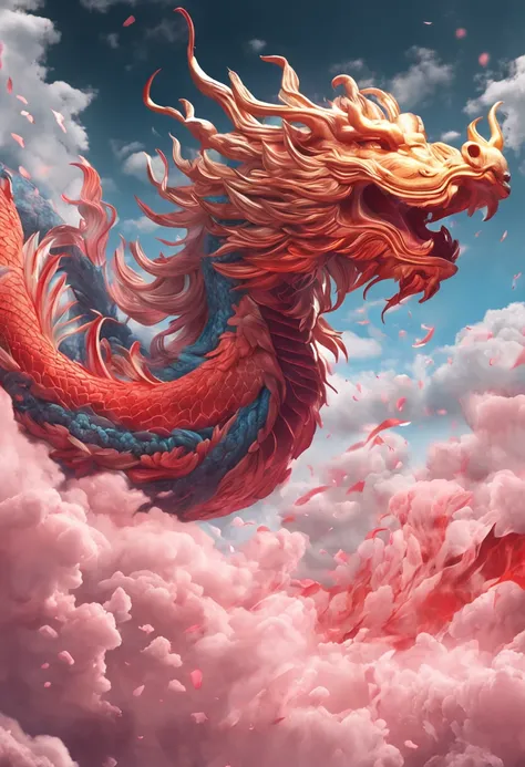 Clouds，wave，balls of fire，火焰，Fire fighting，1girl，Flying long hair，florals，Dragons of the East，of red and white colors，Works of masters，HighestQuali，high detal，8k