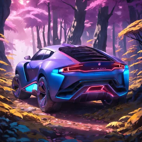 3D photo realistic ray SUV car. Detailed purple and yellow leaves.  Alien landscape, Blue glowing mushroom. Hidden Chinese dragon，Mysterious technology deep in the woods