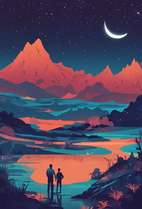 a river with mountains in the background. The river is in shades of blue. 2 man is canoeing in the middle. It is night, there is a crescent in the night sky with stars.