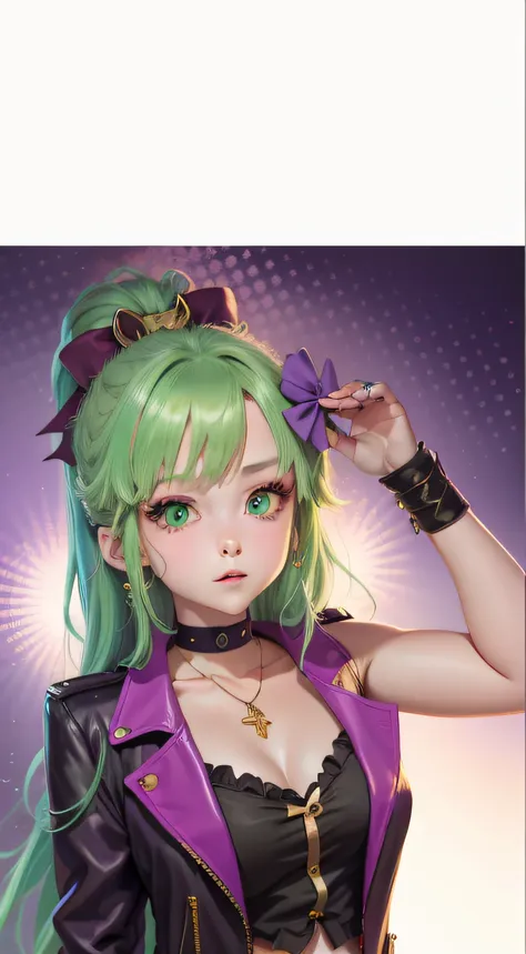 A daughter，tmasterpiece，8K，RTX，Shaders，brilliant texture work，Anime girl with green hair and red jacket black vest,in an anime style, seductive anime girls, style of anime，Purple pupil eyes，pink bows，Two gold necklaces，Pale color background