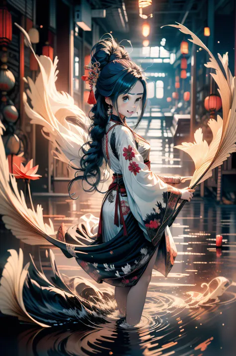 ((4k,masterpiece,best quality)), shuimobysim, traditional chinese ink painting, lotus, hanfu, maxiskit, dress conservatively 1girl, solo, long blue hair, smile, standing, feet in the water, barefoot,