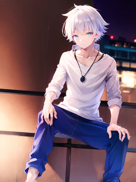 one man wearing a casual outfit ,full body view, white hair color, in a city, 8k , high resolution,