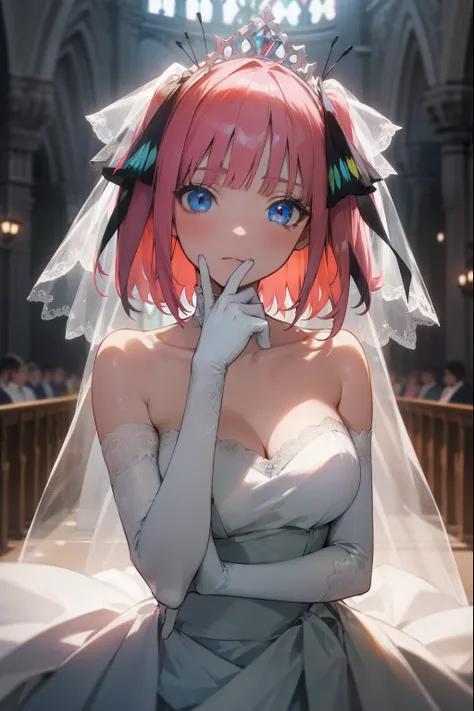 ninonakano, nino nakano, short hair, bangs, blue eyes, hair ornament, hair ribbon, pink hair, blunt bangs, two side up, butterfly hair ornament,
BREAK gloves, dress, cleavage, bare shoulders, collarbone, elbow gloves, white gloves, white dress, strapless, ...