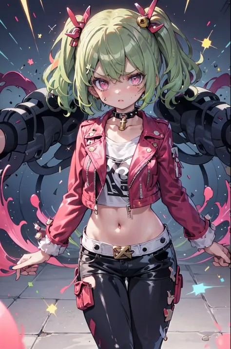 1girl, toxic green hair, grunge decora, punk rock, spike chain collar, choker with pink cross, cross symbol, handcuffs, ((hot pink leather jacket)), neon color palette, spiky pigtails, short hair, ripped pants, eyes that hold anger, reelmech, mecha, cyber,...