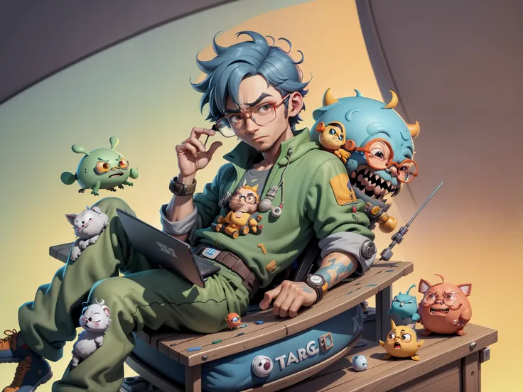 A young man with glasses sits at his desk，holding laptop，digitial painting，3D character design by Mark Clairen and Pixar and Hayao Miyazaki and Akira Toriyama，4K HD illustration，Very detailed facial features and cartoon-style visuals。