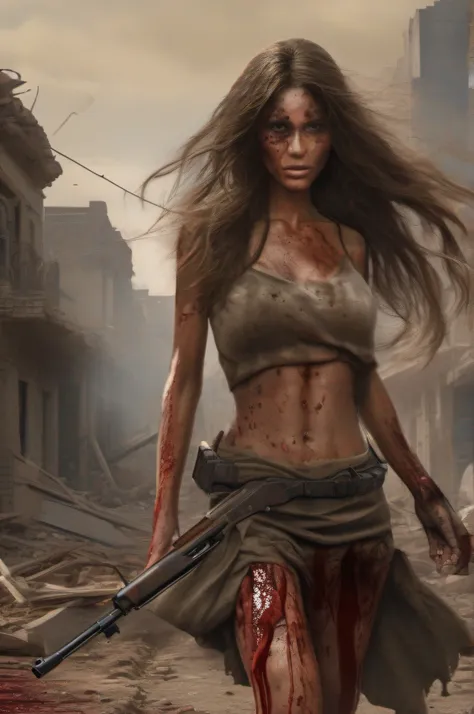 A tanned woman with very long hair stumbles through the streets of a ruined city with a naked wet upper body, and a bleeding gunshot wound in her left shoulder. An automatic rifle in her right hand, full of mud, blood, and wounds, and wearing a torn skirt....