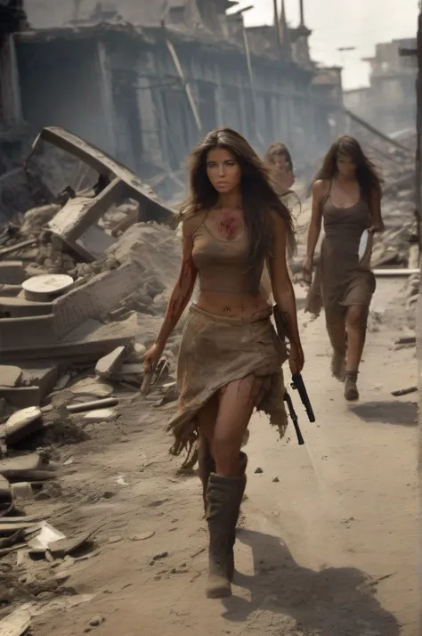 Three tanned women with very long hair stumbles through the streets of a ruined city with a naked wet upper body, and a bleeding gunshot wound in her left shoulder. An automatic rifle in her right hand, full of mud, blood, and wounds, and wearing a torn sk...