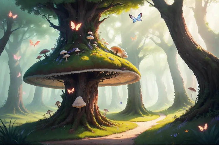 a mushroom forest with flying butterflies, and flying dragonflies