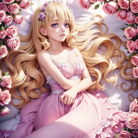 Beautiful and dreamy art illustration，Cartoon animation style，A super cute beautiful and pure blonde wavy curly hair girl，Hugging a kitten，Romantic roses，Cream roses，Pink-purple roses，Lie in the flowers，Clusters and clumps，Wonderful，Best quality at best，A ...